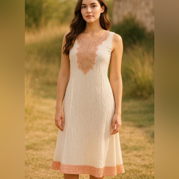 Handmade Dresses & Skirts - Bohemian Embroidered Hand Beaded White & Silver-Style Women’s Tunic Dress